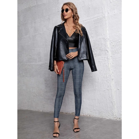 High Waist Houndstooth plaid print Skinny Pants gray black - Picture 7 of 9